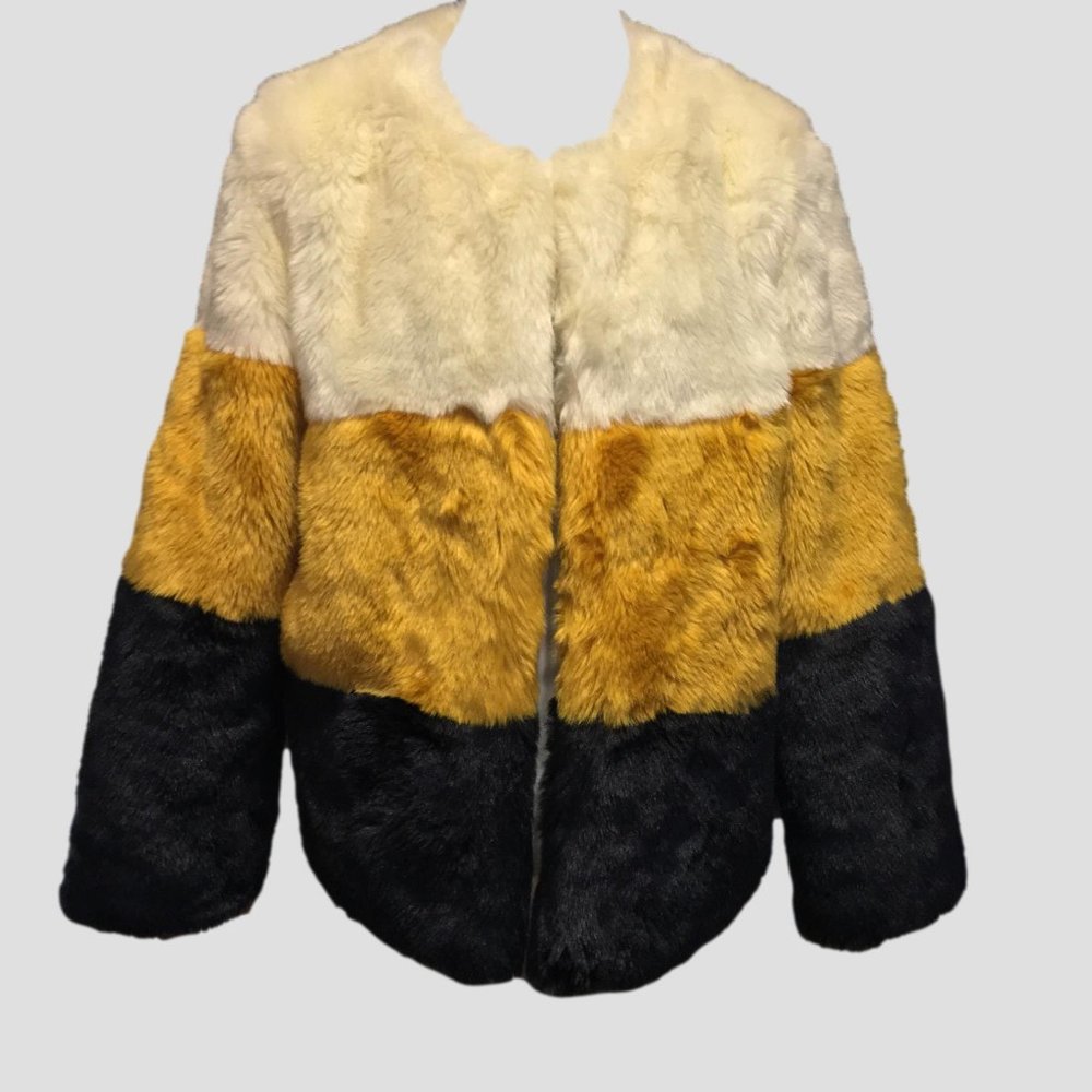 Solitaire Faux Fur Color Block Coat – Large - NWT